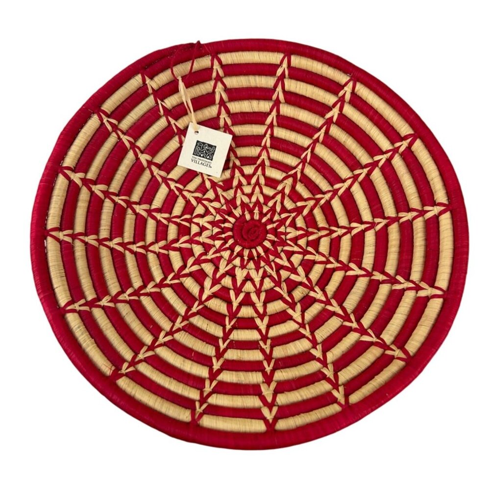 Ten Thousand Villages Red Cream Weaved Basket Hanging Made in Uganda Table Decor